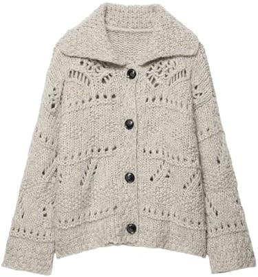 Chevara Women’s Pointelle Chunky Knit Cardigan Trendy Lapel Collar Long Sleeve Button Down Holl... | Amazon (US)