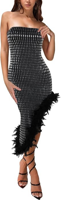 Women's Sexy Rhinestone Sheer Mesh See Through Bodycon Dresses | Amazon (US)