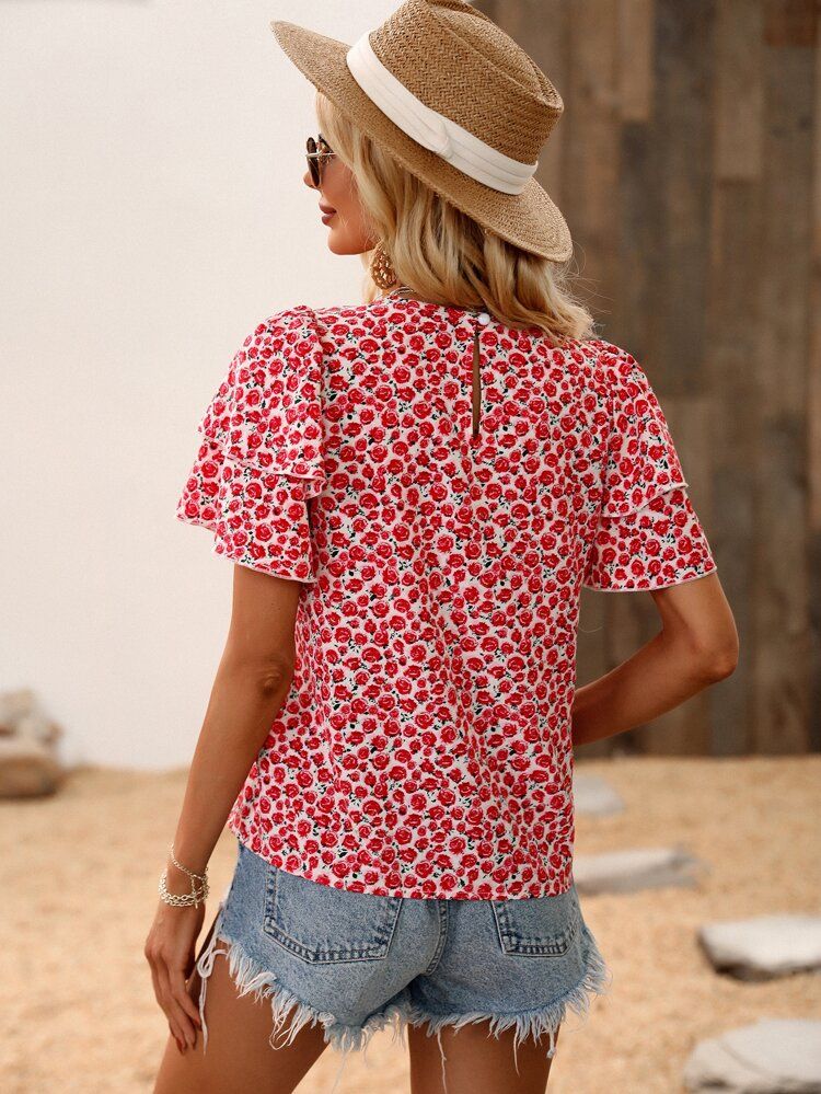 Ditsy Floral Print Butterfly Sleeve Blouse | SHEIN