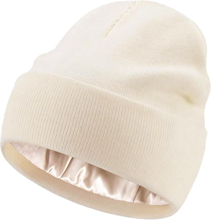 Satin Lined Knit Beanie Hat-100% Cotton Winter Hats for Women Men Silk Lining Soft Slouchy Warm C... | Amazon (US)