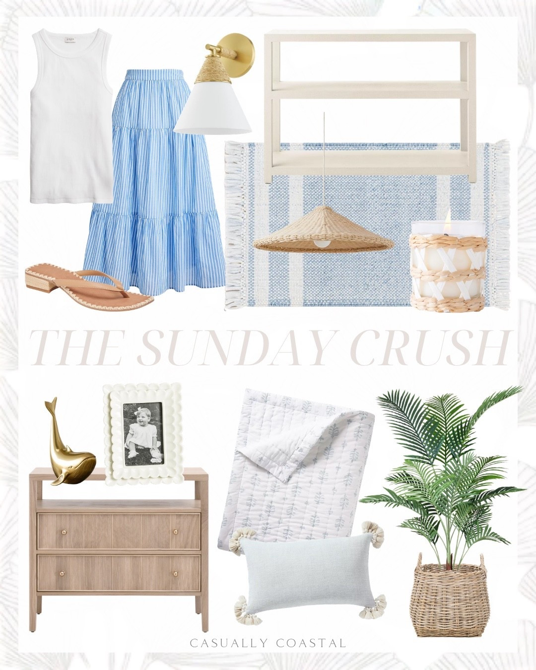 This week’s Sunday Crush! So much of this is on sale! Get an extra 50% off the sale price of this skirt with code SPRING50!
——-
Coastal home, coastal rug, spring sandals, summer sandals, coastal faux plant, coastal nightstand, coastal pillow, coastal quilt, tiered midi skirt, blue midi skirt, ribbed high neck tank top, white tank top, dolce vita sandals, leather sandals, coastal wall sconce, Serena & lily low shelf, striped indoor/outdoor rug, coastal pendant, seagrass candle, Amazon candle, whale statue, ocean inspired decor, mud pie scalloped frame, coastal frame, 2 drawer nightstand, beige nightstand, Serena & lily quilt, faux palm tree, rattan decorative basket, spring outfits, Easter outfits

#LTKHome #LTKSaleAlert