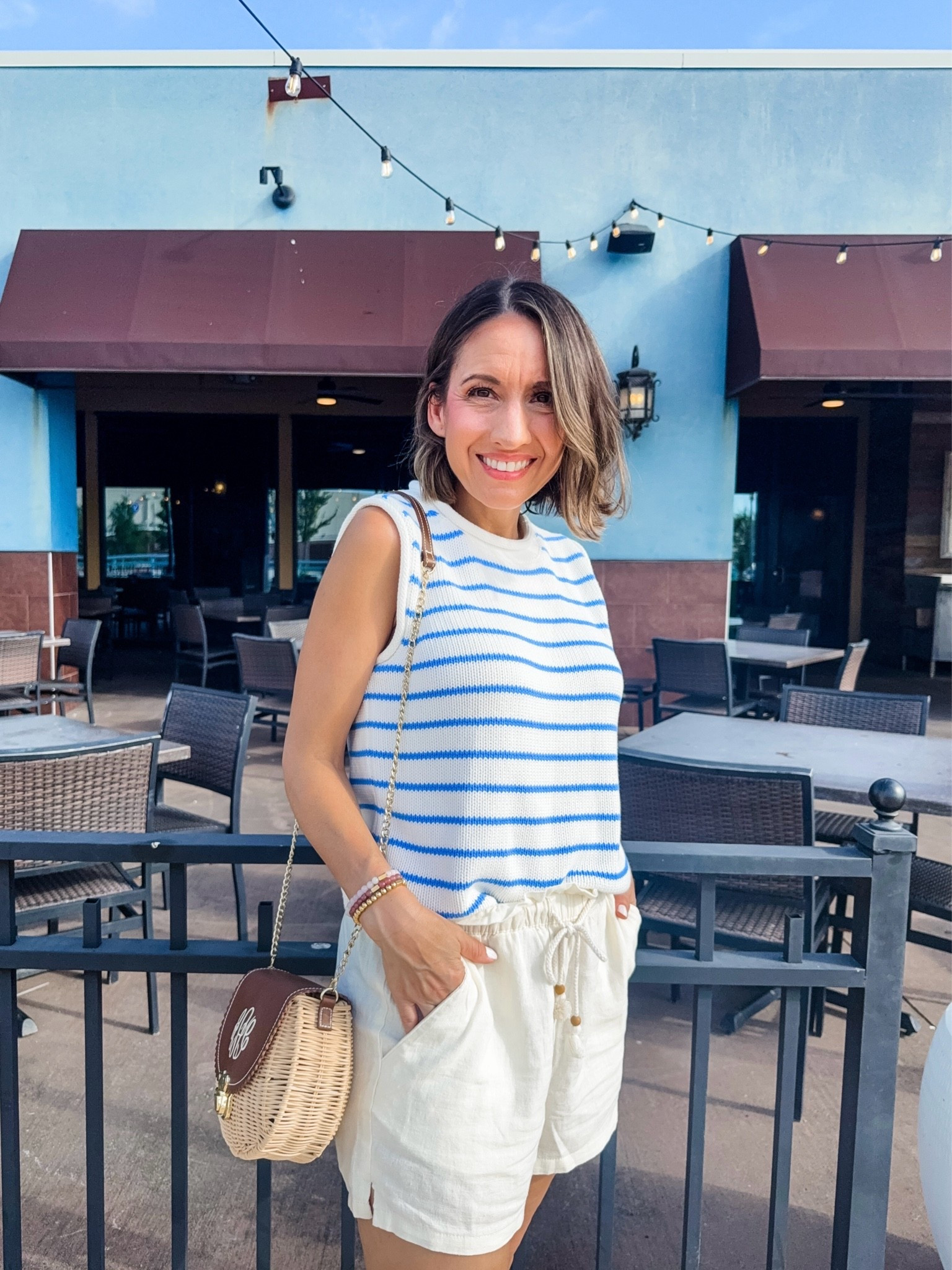 Summer outfit that works for all my petite ladies. 
Blue and white sleeveless lightweight sweater top. 
Linen shorts. They aren’t insanely short, but they aren’t so long you feel like a kid. 
Petite outfit
Petite Style
Summer style

#LTKootd #LTKOver40 #LTKPetite