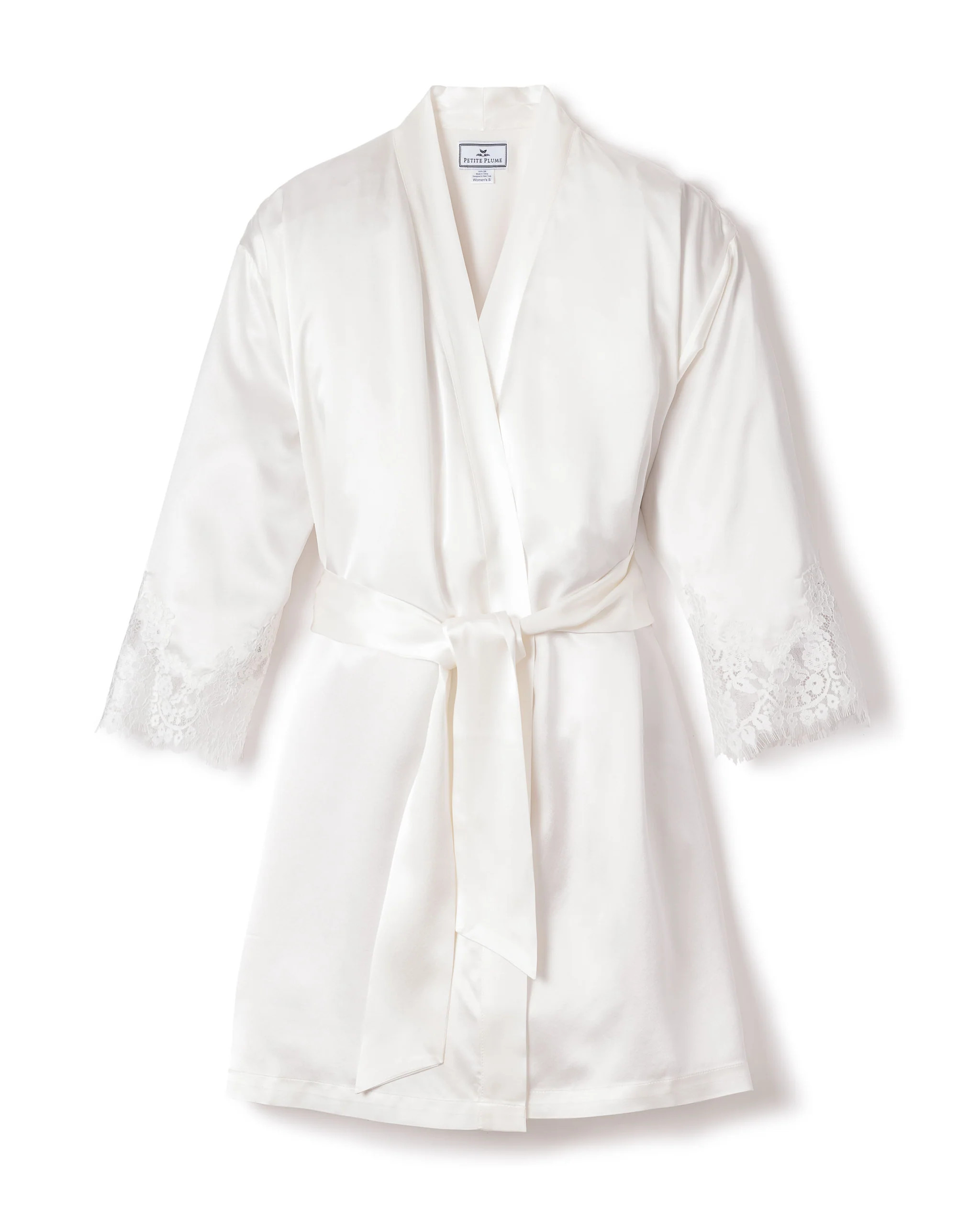 Women's Silk Lace Robe in White | Petite Plume