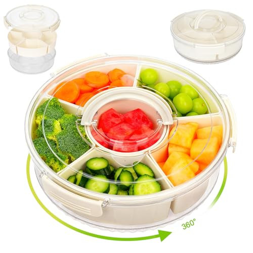 Dayacoco Rotating Divided Serving Tray with Lid and Handle, Snack Tray with Lid for Fruits Snacks Veggie Charcuterie Cheese – Portable for Picnic Travel Party Camping(1PCS, 12" L) | Amazon (US)