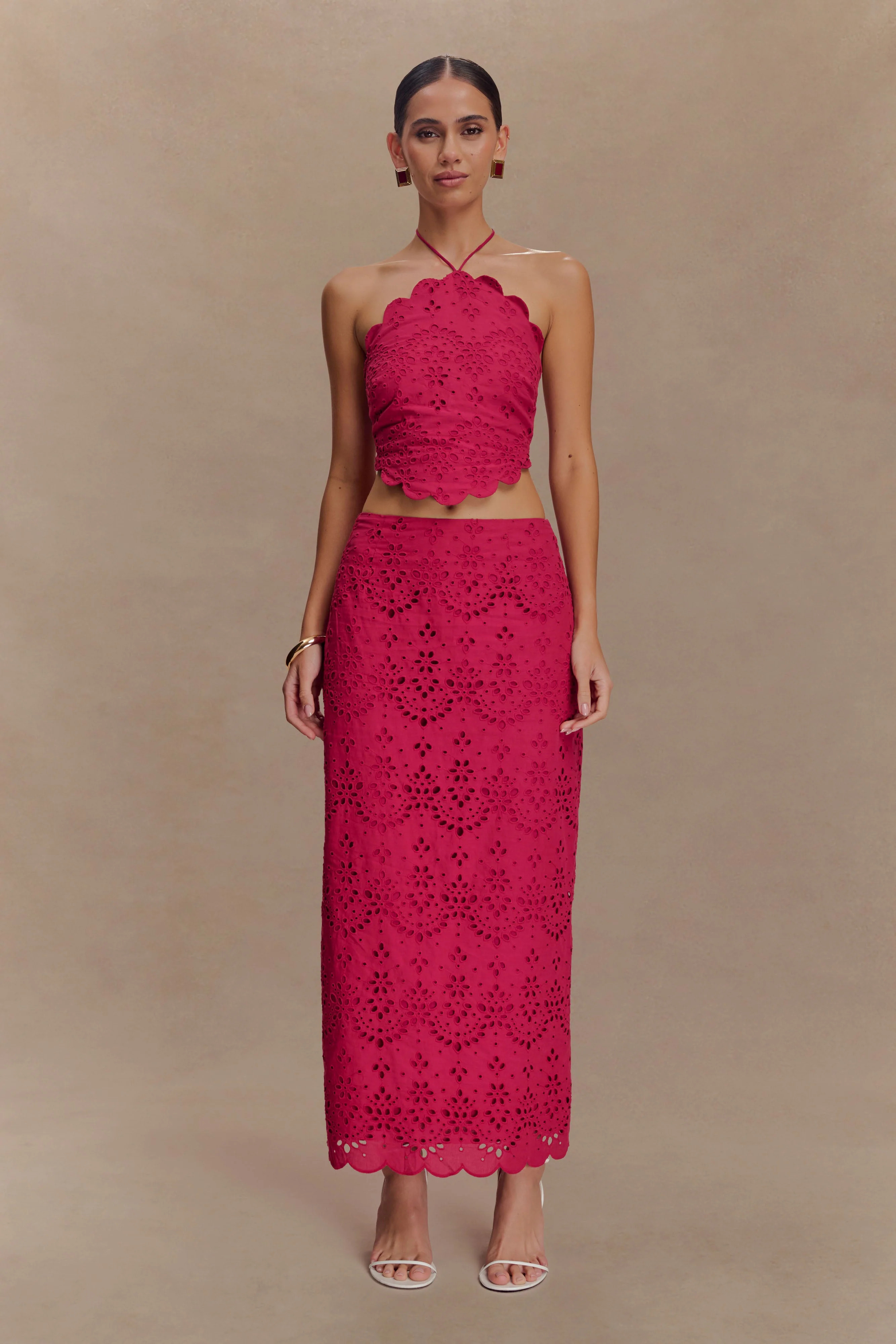 Kensley Broderie Midi Skirt - Dragonfruit | MESHKI US