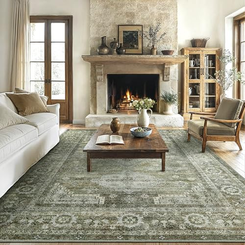 BEIMO 8x10 Area Rugs for Bedroom Living Room Green Rug, Machine Washable Rug, Ultra-Thin Print Boho Vintage Carpet, Low Pile Mat with Non Slip Backing, Brown Sage | Amazon (CA)
