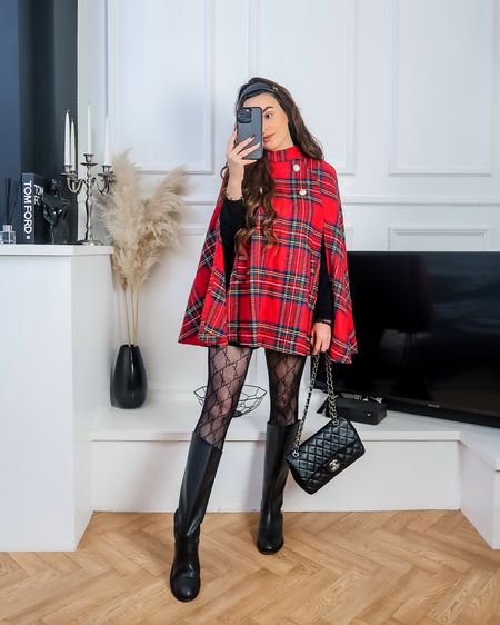 Festive Monday outfit! Red tartan cape, black Gucci patterned tights, black riding boots ❤️🖤 my cape is about 8 years old from shein but I’ve linked similar (well as similar as I could find) 

#LTKunder100 #LTKHoliday #LTKSeasonal