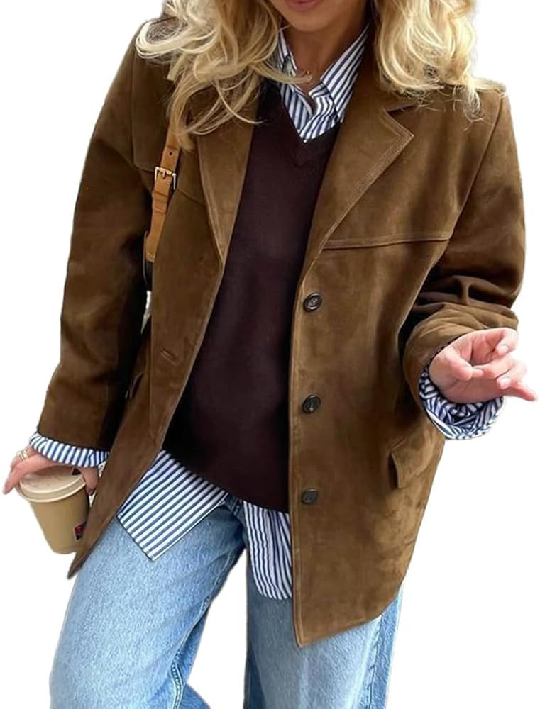 Mywinway Suede Jacket for Women 2024 Fall Winter Y2k Oversized Trendy Faux Leather Blazer Jackets... | Amazon (US)