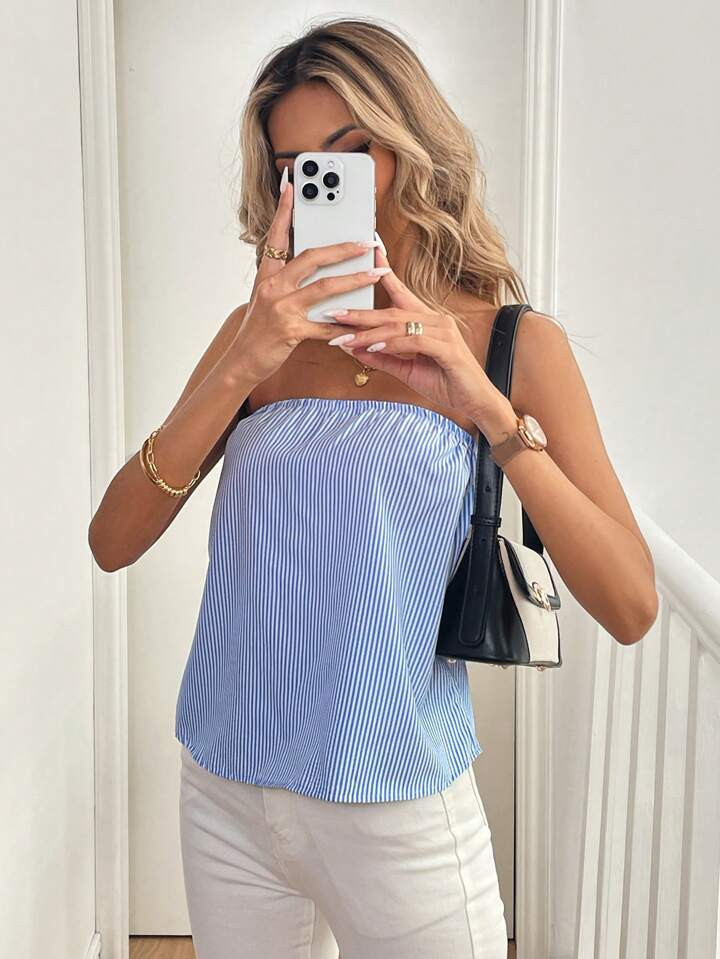 Calvaya 1pc Women's Striped Off-Shoulder Sleeveless Sexy Bandeau Top, Autumn | SHEIN