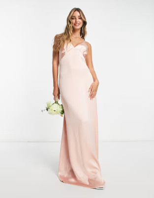 Pretty Lavish Bridesmaid Ines empire satin maxi dress in blush | ASOS (Global)