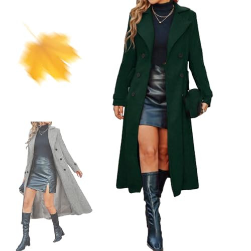 GHTRHSB Women's Long Warm Double-Breasted Coat, Notch Lapel Mid Long Pea Trench Coats, Business Elegant jacket with Lining (Dark Green,Medium) | Amazon (US)
