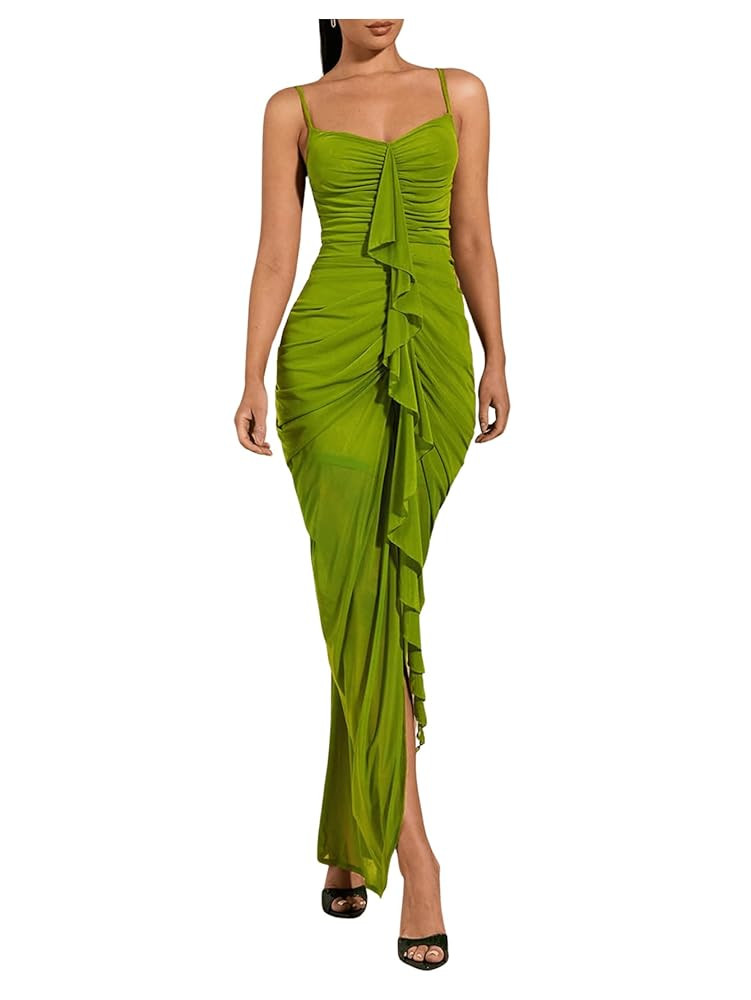 Floerns Women's Ruffle Ruched Cami Dress Draped Split Elegant Bodycon Maxi Dresses | Amazon (US)