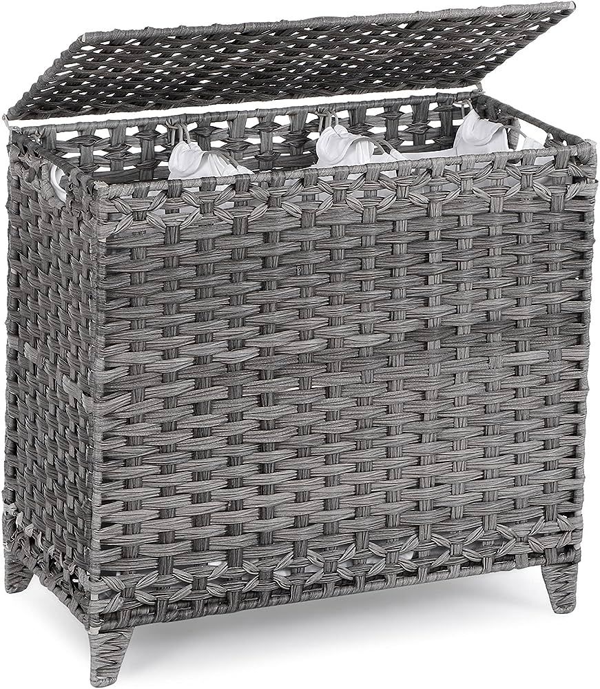 Laundry Hamper with 3 Removable Liner Bags; 132L Handwoven Rattan Laundry Basket with Lid & Heigh... | Amazon (US)