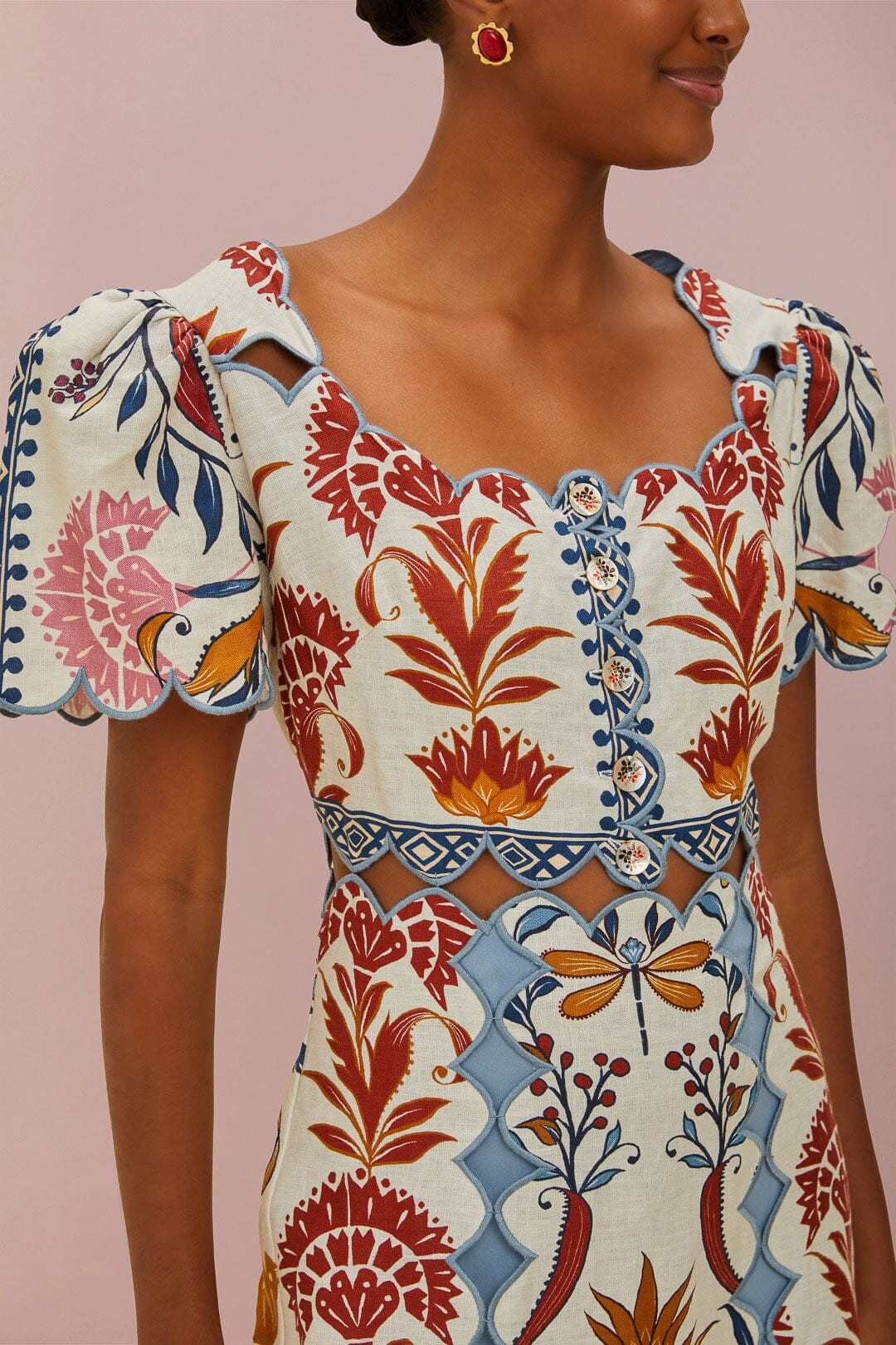 Cream Romantic Lightness Short Sleeve Midi Dress | FarmRio (US)