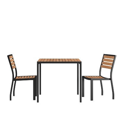 Emma and Oliver 3 Piece Patio Table Set - Synthetic Teak Poly Slats - 35" Square Steel Framed Table with 2 Faux Teak Stackable Chairs | Target