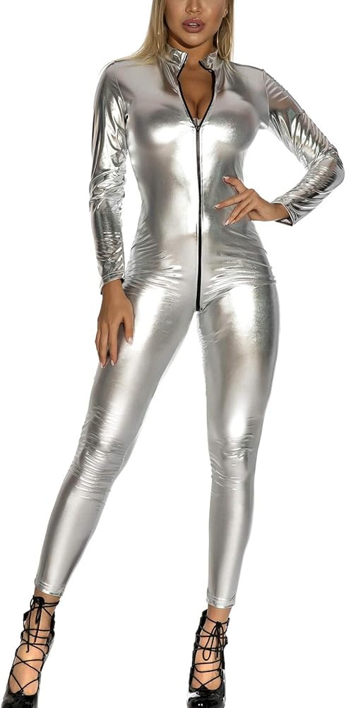 Women's Metallic Leotard Mesh Front Leather Bodysuit Jumpsuit with Chains | Amazon (US)