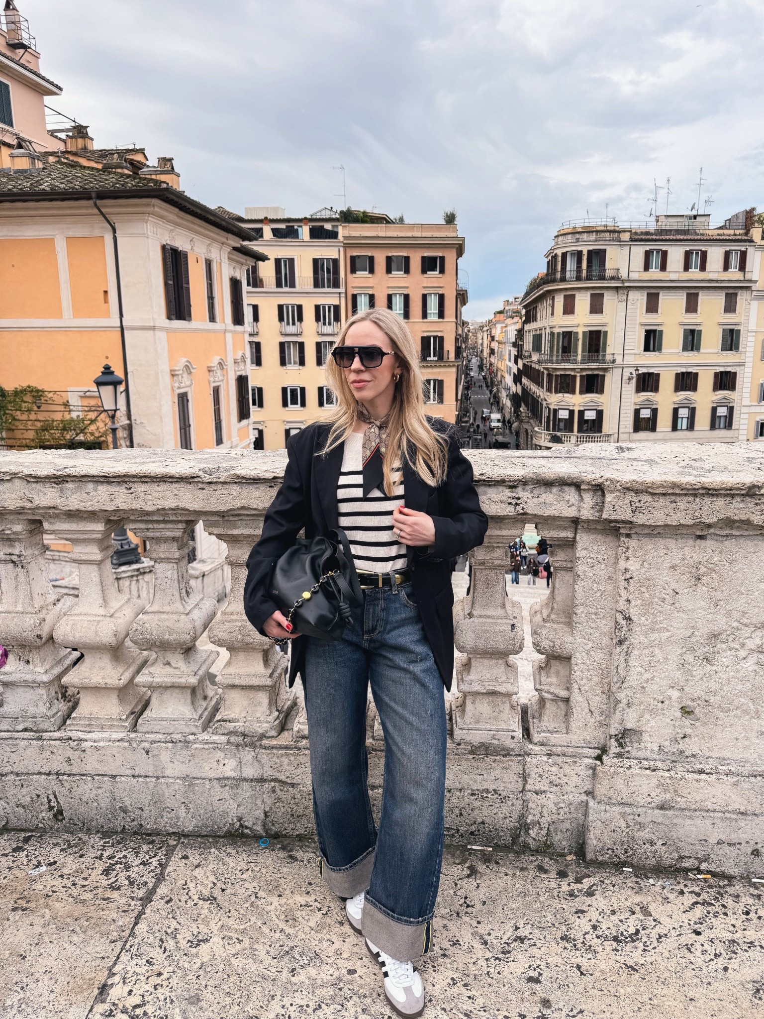 Spring outfit, European vacation outfit, oversized black blazer, silk scarf, striped top, @Zara baggy cuffed jeans, Adidas Samba sneakers 

#LTKTravel #LTKOver40 #LTKSaleAlert