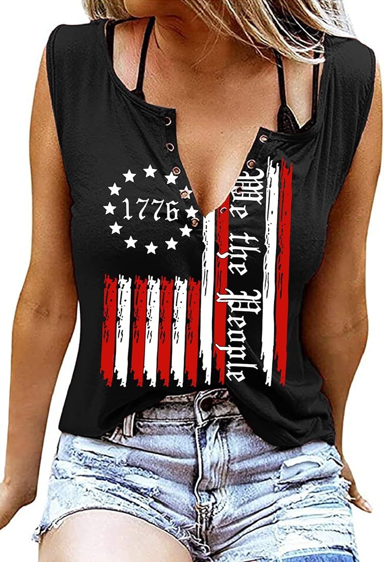 American Flag Tank Tops for Women 4th of July Shirts Ring Hole Sleeveless V-Neck T-Shirt Patrioti... | Amazon (US)