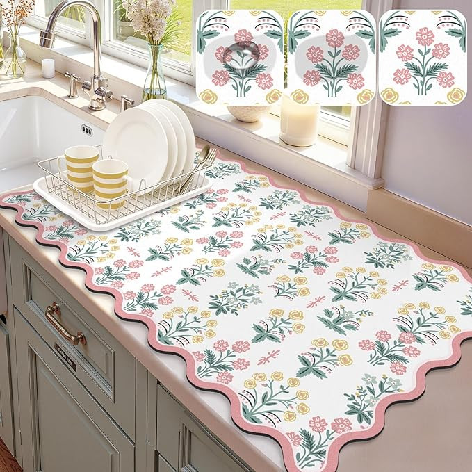Scalloped Floral Dish Drying Mat, 17"x32" Super Absorbent Coffee Mat with Unique Pink Pastoral Fl... | Amazon (US)