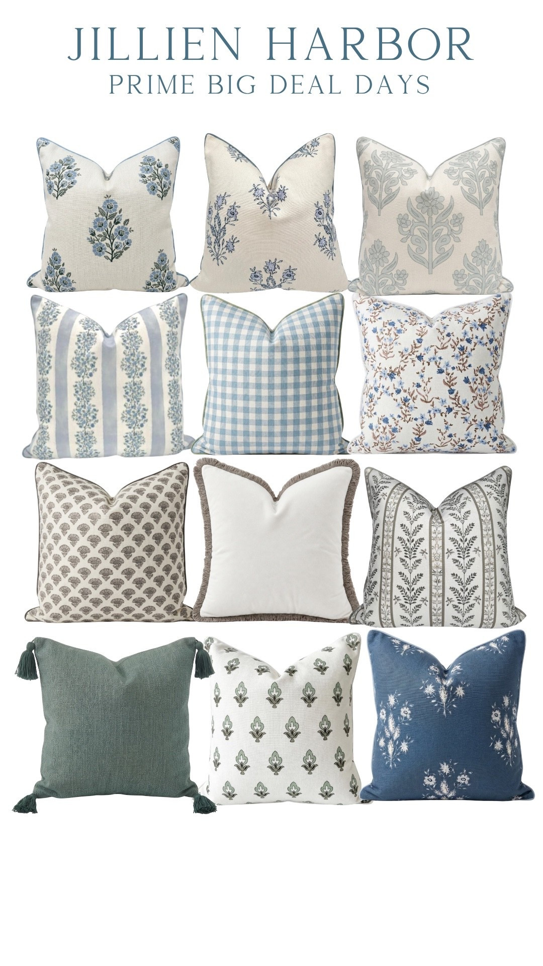 the best sale of the year on Jillien Harbor throw pillows! Blue and white pillows, neutral pillows, velvet pillows, fringe pillows, designer pillows, block print pillows