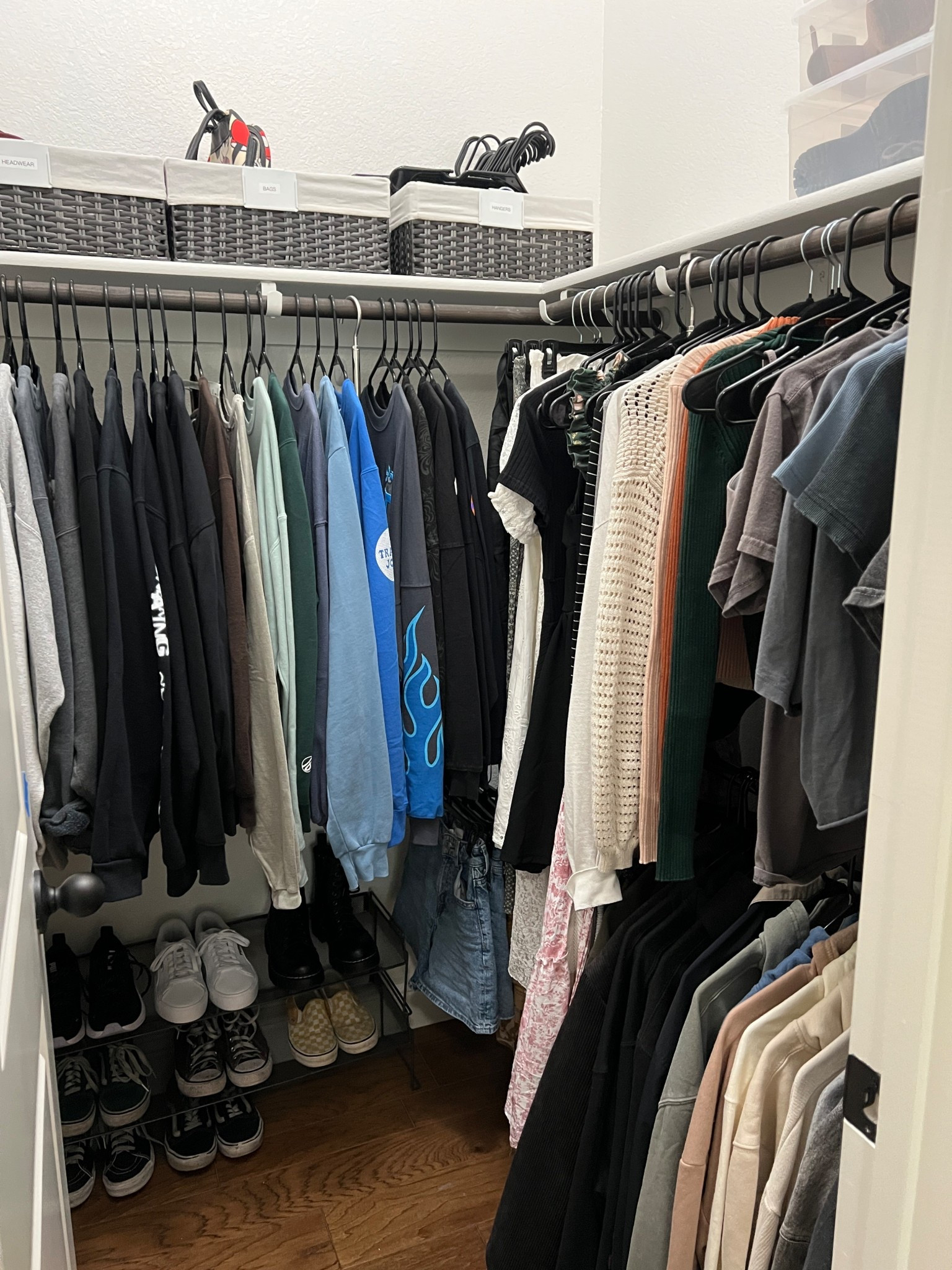 Double hanging rod in closet for more storage! 