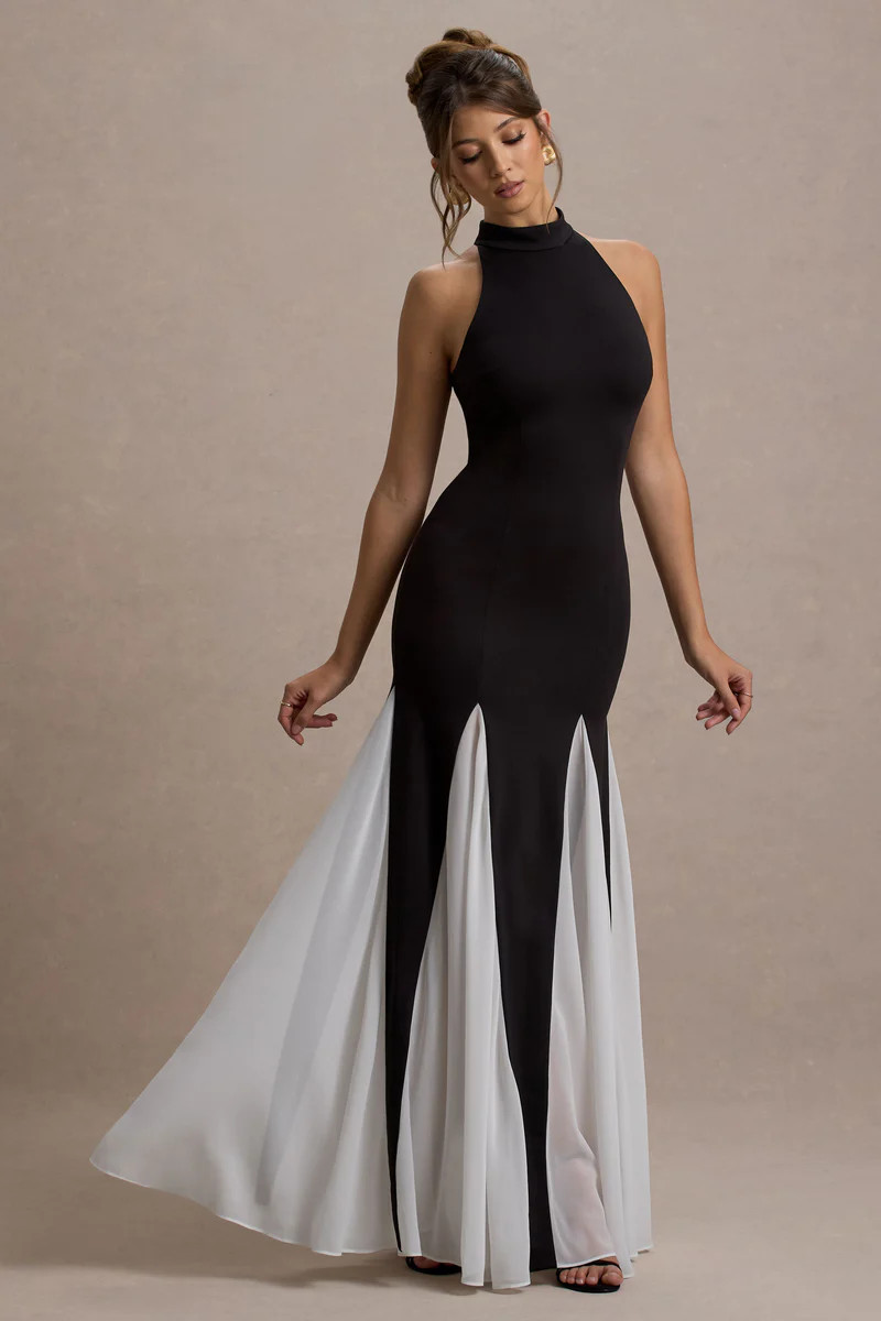 Litzy  Black High-Neck Maxi Dress With White Chiffon Trim | Club L London