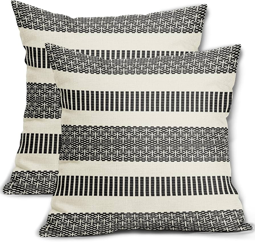 Black Striped Pillow Covers 24x24 Set of 2 Boho Stripe Pattern Print Cream White Decorative Throw... | Amazon (US)