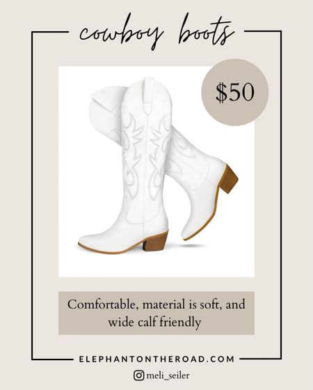 Cute white cowboy boots that are also great for wide calves. 

#LTKfindsunder50 #LTKshoecrush