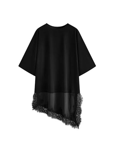 Bnigung Asymmetrical Lace Trim T-Shirt for Women Y2k Short Sleeve Layering Tops Casual Crew Neck Short Dress Streetwear(Black-M) | Amazon (US)
