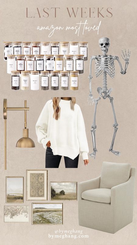 Last weeks amazon best sellers! Spice jars with labels, posable Skelton, brass plug in wall sconce for just $70, the best sweater for fall, canvas prints for under $20, the prettiest dining chair 

#LTKhome #LTKFind