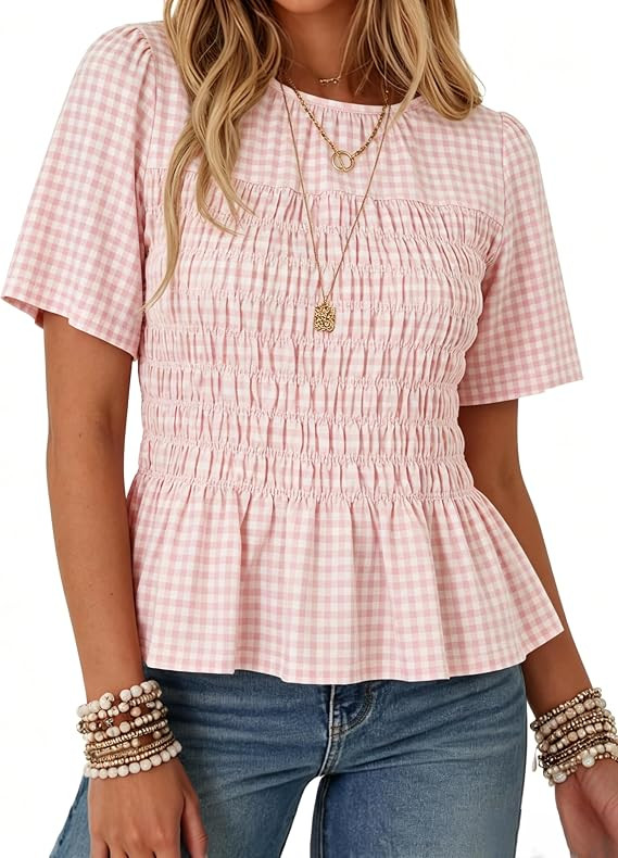 Watashi Women’s Gingham Smocked Peplum Blouse Casual Ruffle Hem Short Sleeve Crewneck Babydoll ... | Amazon (US)