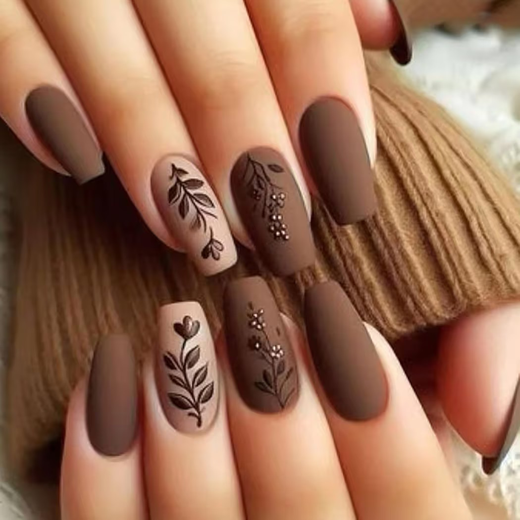 Brown Press on Nails Medium Matte Fake Nails Brown Flower Pattern Design Artificial Nails Solid C... | Amazon (US)