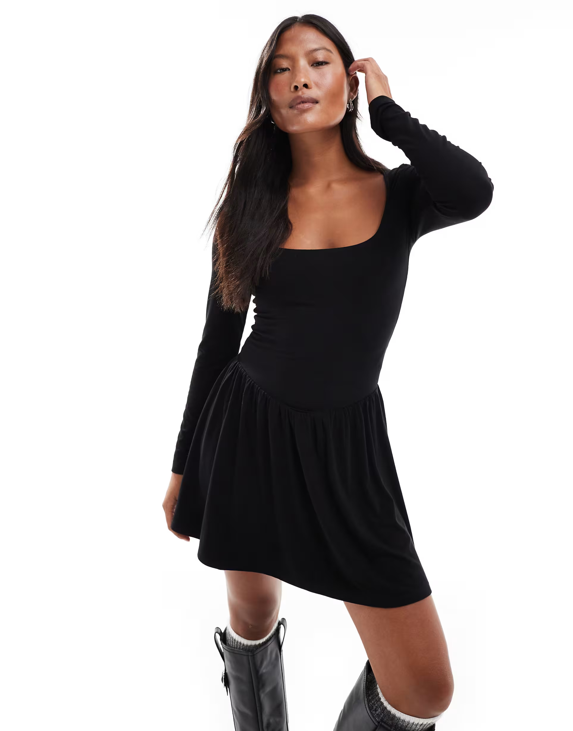 Miss Selfridge Petite drop waist long sleeve mini dress in black | ASOS (Global)