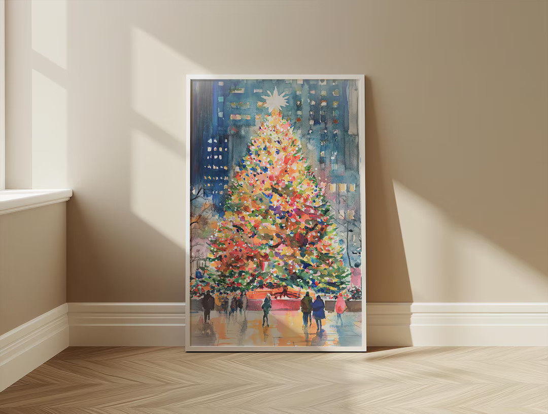 New York Christmas Tree Watercolor Poster Vintage Painting Digital Download Printable Wall Art Ho... | Etsy (US)