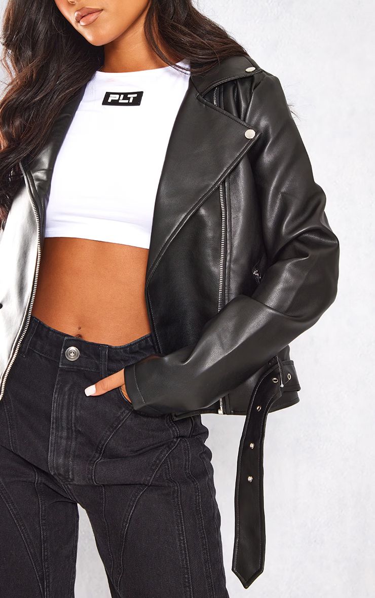 Tall Black Faux Leather Zip Detail Biker Jacket | PrettyLittleThing US