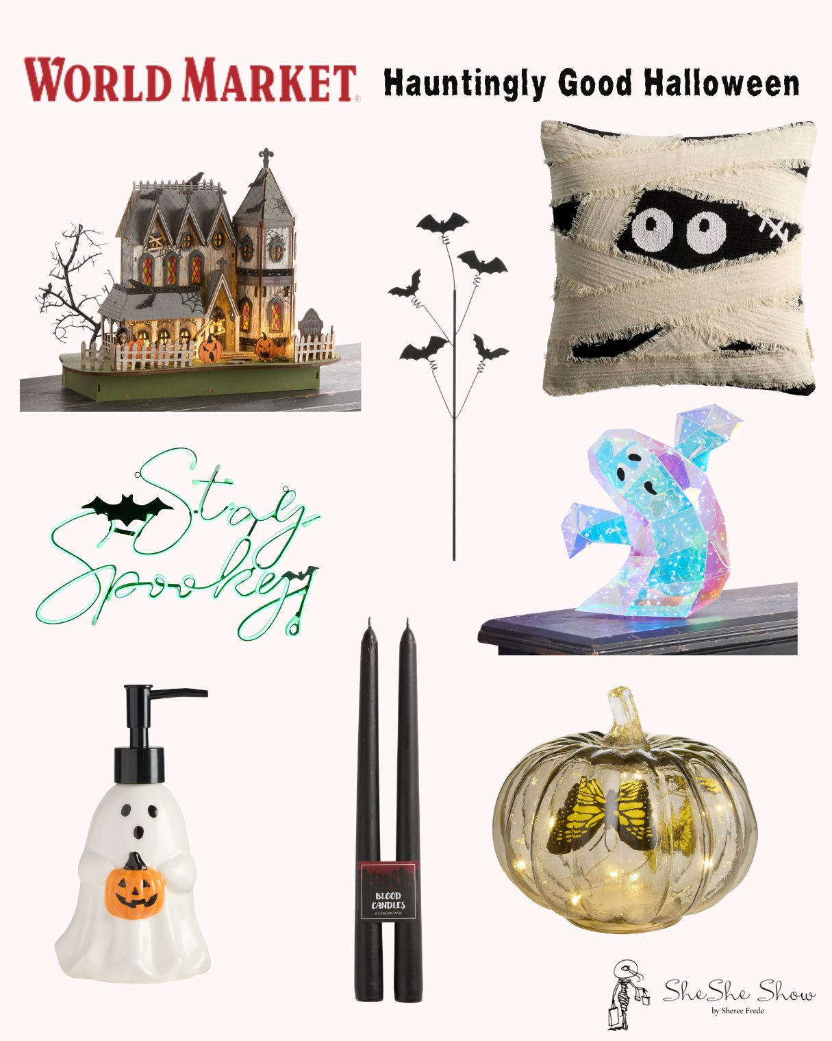  Halloween decorations
Ghost soap dispenser, candle sticks, led ghost light, laser cut wood haunted mansion 

 

#LTKHome #LTKSeasonal #LTKFindsUnder50
