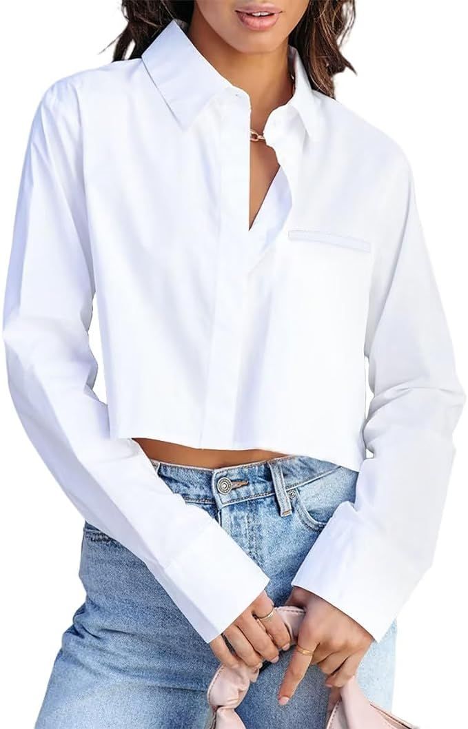 INFITTY Women's Button Down Cropped Shirts Long Sleeve Casual Crop Tops Loose fit Cotton Lapel Bl... | Amazon (US)