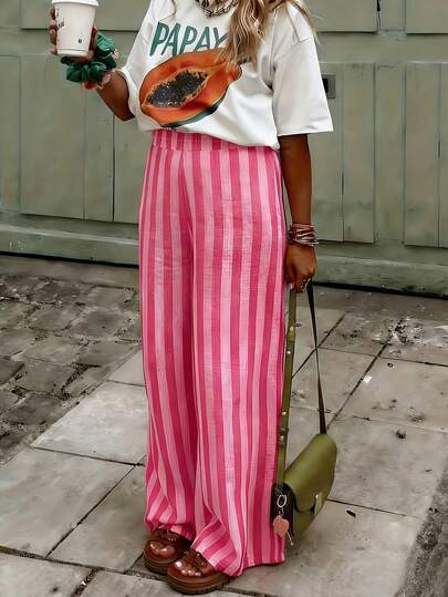 Women's Blue & White Striped Woven Wide Leg Casual Beach Pants, Spring/Summer Pink | SHEIN