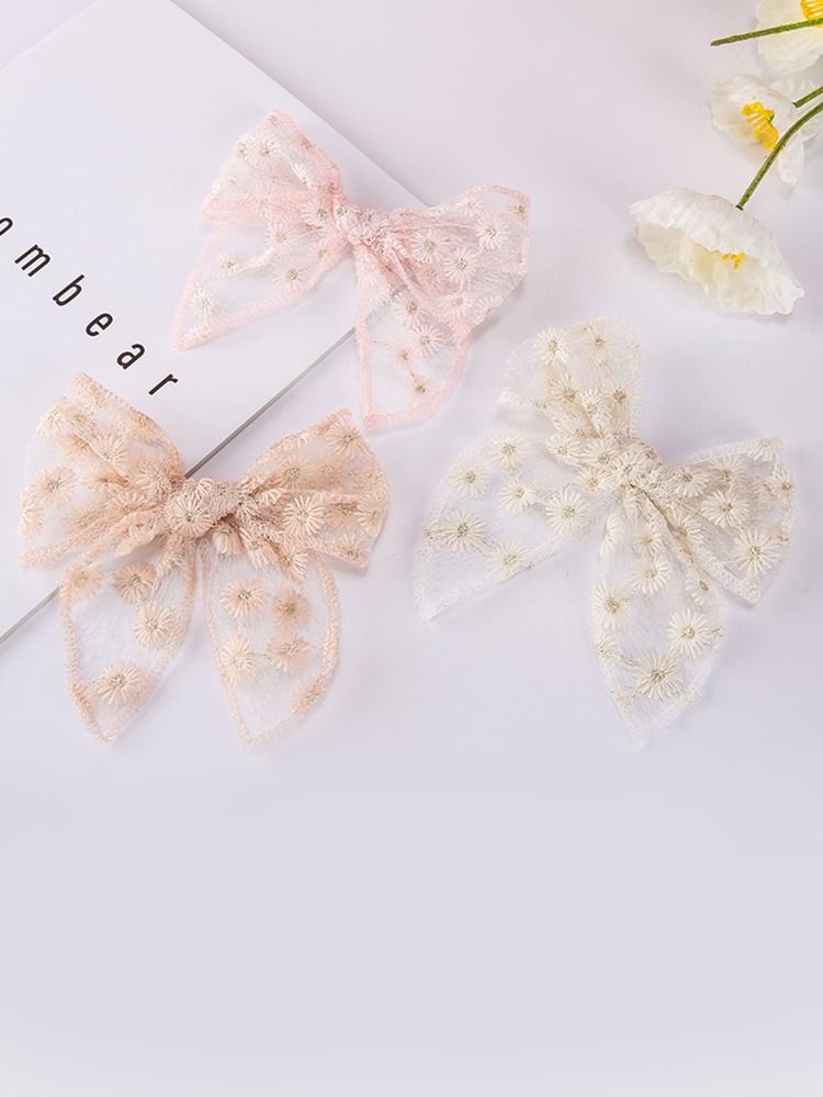 3pcs Girls Flower Embroidered Bow Decor Hair Clip | SHEIN