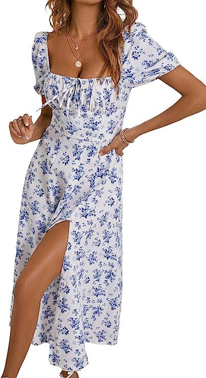 SheIn Women's Square Neck Dress Allover Floral Knot Split Thigh A-line Dress Blue White S | Amazon (US)