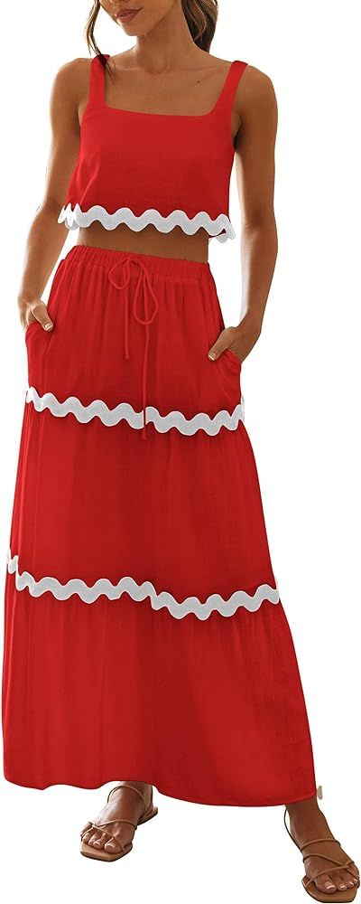 PRETTYGARDEN Womens 2 Piece Summer Casual Sleeveless Cropped Tank Top High Waisted Maxi Skirt Set | Amazon (US)