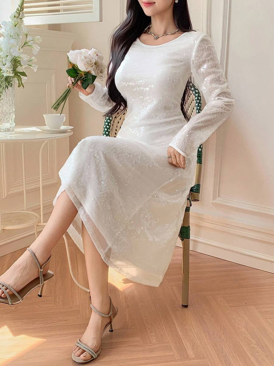 DAZY Luxury Mermaid Sequin Hem V-Neck Dress | SHEIN