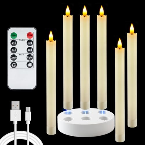Homemory Rechargeable Flameless Taper Candles, Real Waxy LED Candlesticks Flickering, Battery Operated Candles with Remote Timer, 9.6 Inches for Home Wedding Christmas Decor, 6 Pcs, Ivory | Amazon (US)