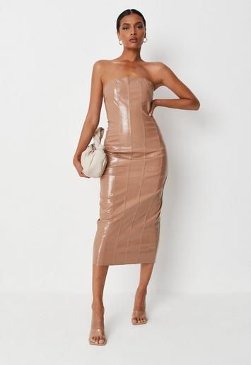 Missguided - Camel Faux Leather Mock Croc Print Bandeau Midaxi Dress | Missguided (US & CA)
