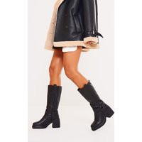 Black Faux Leather Square Toe Buckle Chunky Heeled Thigh High Boots | PrettyLittleThing US