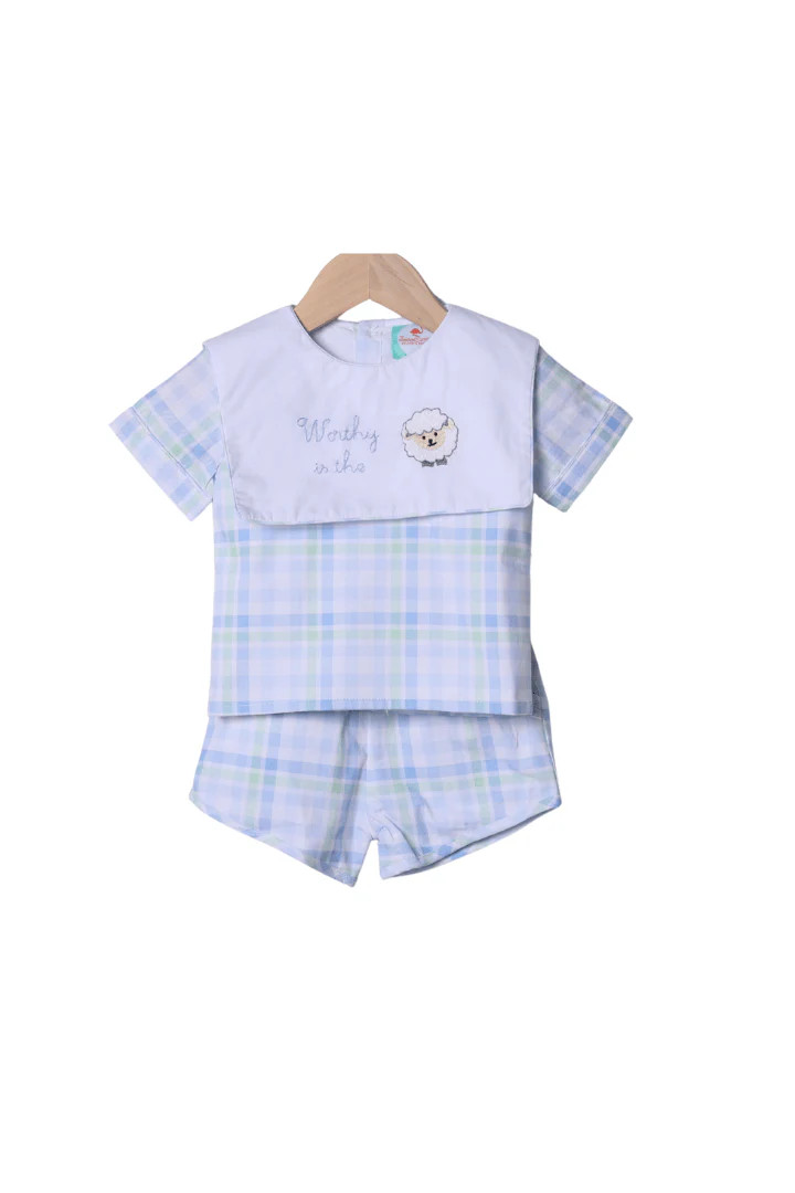 Embroidered Worthy IS the Lamb Swiss Plaid Short Set | The Smocked Flamingo