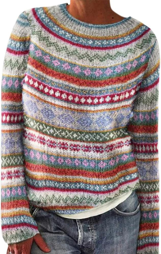 Faie Isle Sweaters for Women Trendy Casual Fall Long Sleeve Vintage Plus Size Crew Neck Knitted P... | Amazon (US)