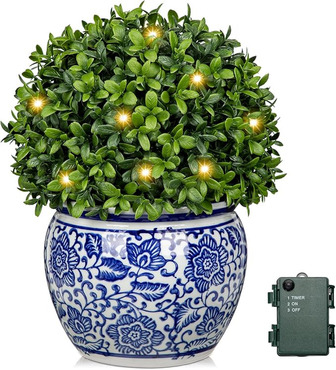DILATATA Artificial Topiary Boxwood Ball in Blue and White Ceramic Pot, Lighted Artificial Boxwoo... | Amazon (US)