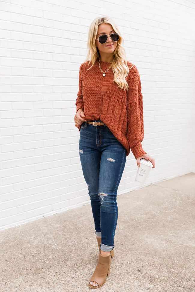 Loved You Longer Rust Cable Knit Sweater | The Pink Lily Boutique