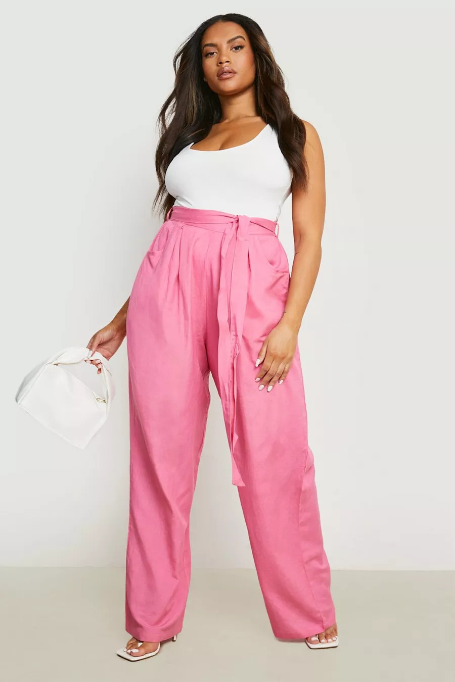 Plus Linen Belted Wide Leg Pants | boohoo (US & Canada)